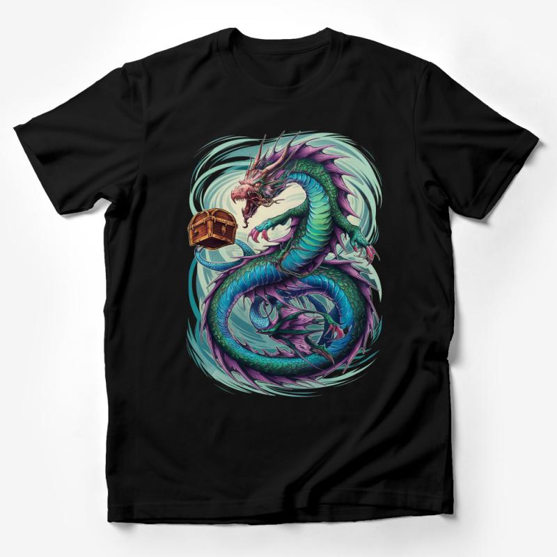 Fantasy Dragon T-Shirt, Colorful Mythical Creature Tee, Unisex Adult Treasure Chest Graphic Shirt, Unique Dragon Lover Gift Idea Male T-Shirt