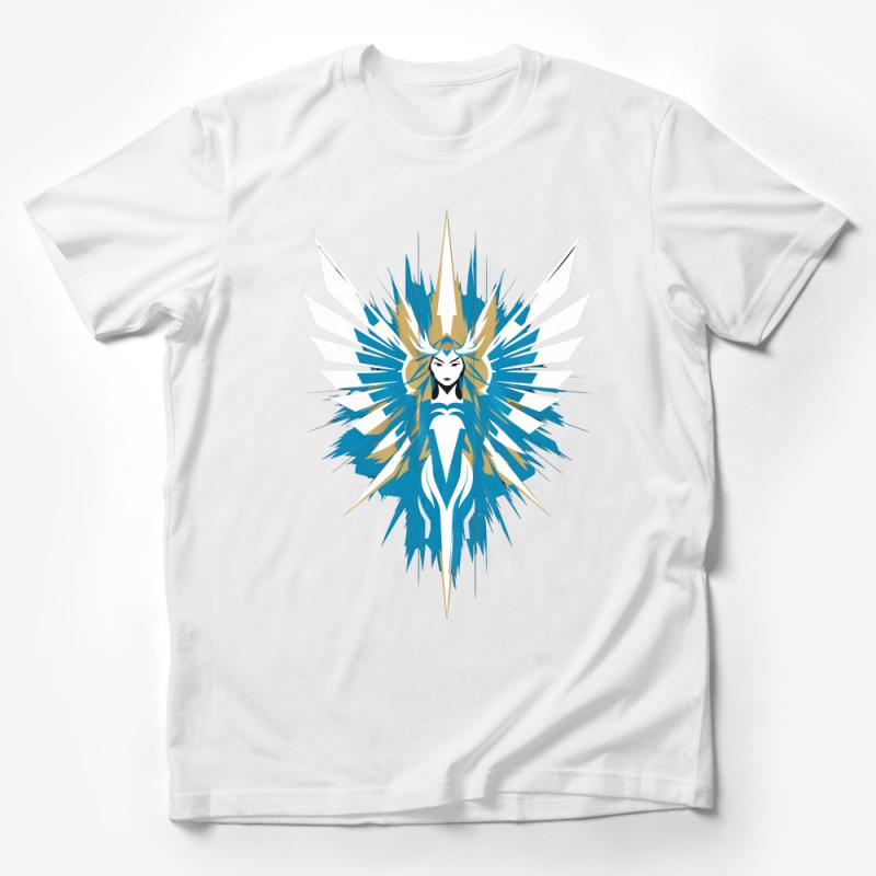 Abstract Queen Warrior Graphic Tee, Blue and Gold Artistic T-Shirt, Unique Design Women's Casual Wear Male T-Shirt