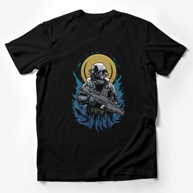 Futuristic Soldier T-Shirt, Cool Sci-Fi Warrior Apparel, Graphic Tee for Gamers, Unisex Adult Clothing Male T-Shirt