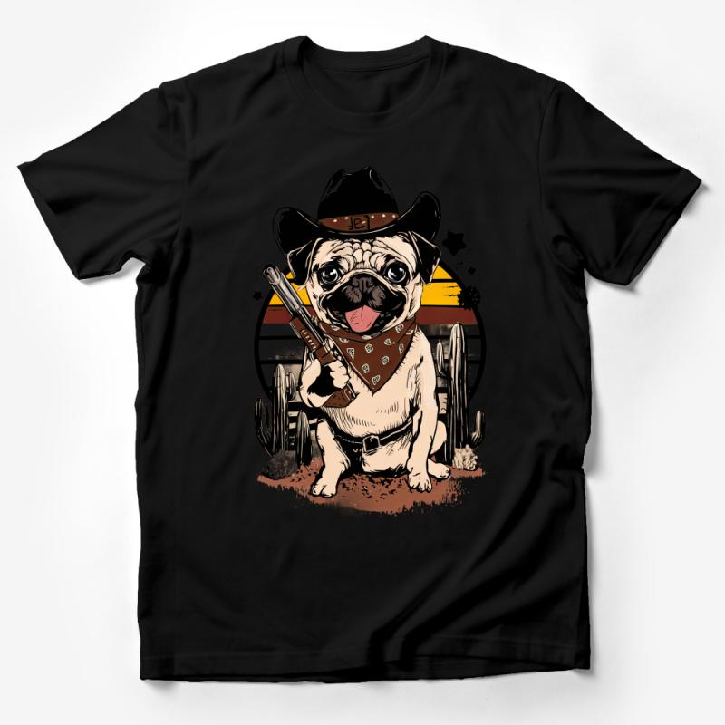 Cowboy Pug T-Shirt, Western Dog Graphic Tee, Pet Lover Unisex Shirt, Cute Animal Illustration, Gift for Dog Owners, Casual Canine Apparel Male T-Shirt