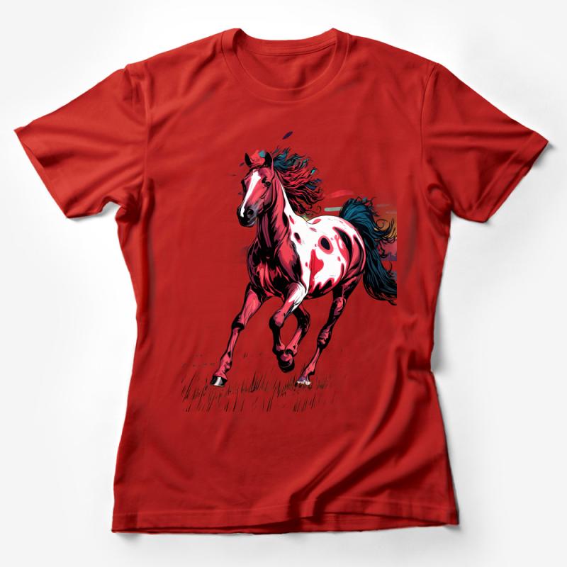 Galloping Horse T-Shirt, Watercolor Stallion Graphic Tee, Unisex Adult Horse Lover Apparel, Vibrant Equestrian Gift Female T-Shirt