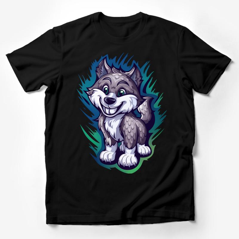 Kids Cartoon Wolf T-Shirt, Cute Animal Graphic Tee, Unisex Children's Clothing, Soft Cotton Shirt, Fun Wildlife Illustration Top Male T-Shirt