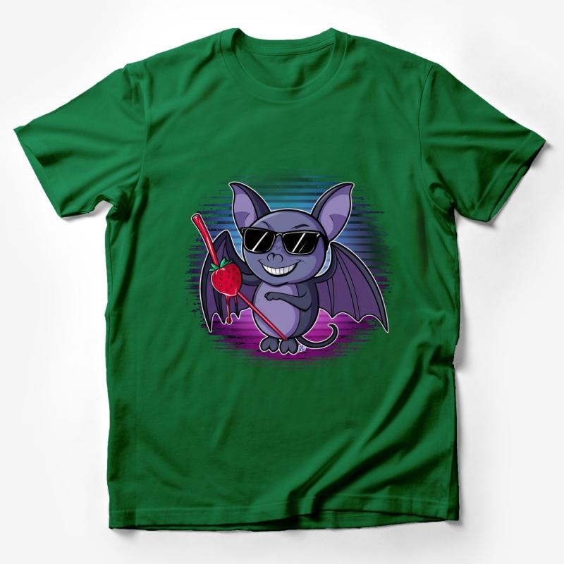 Cool Bat with Strawberry T-Shirt, Stylish Cartoon Animal Tee, Purple Bat Graphic, Unisex Casual Shirt, Gift for Bat Lovers Male T-Shirt