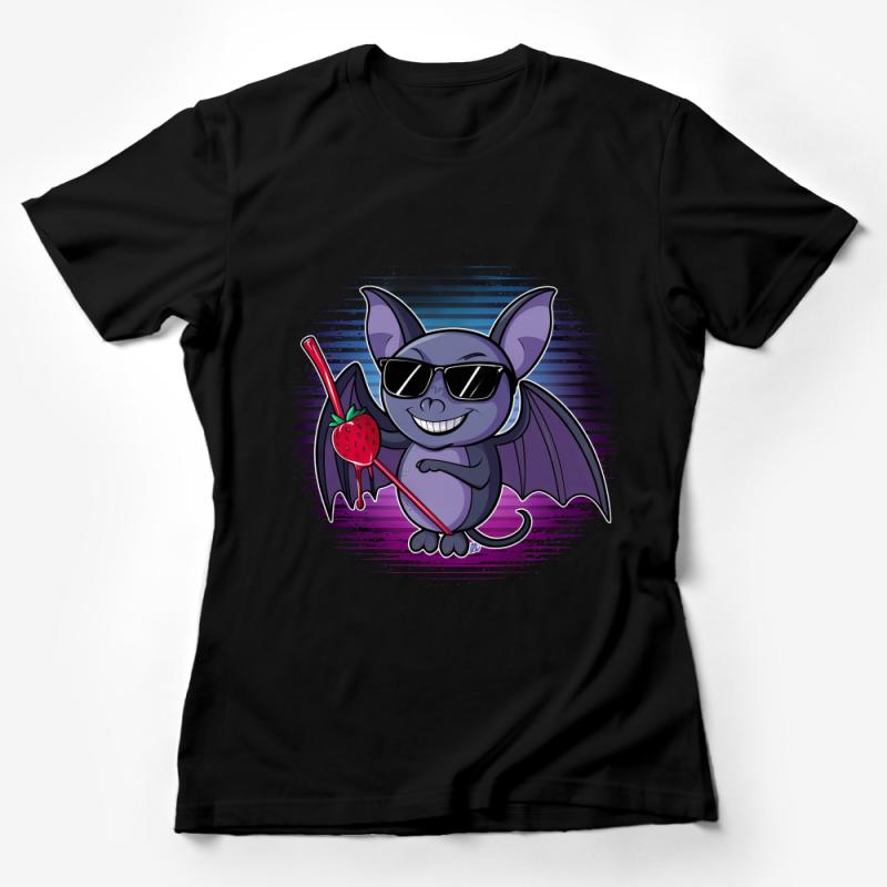 Cool Bat with Strawberry T-Shirt, Stylish Cartoon Animal Tee, Purple Bat Graphic, Unisex Casual Shirt, Gift for Bat Lovers Female T-Shirt