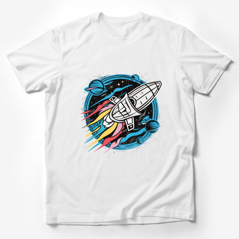 Space Rocket T-Shirt, Cosmic Adventure Tee, Unisex Galaxy Print Shirt, Colorful Spacecraft Clothing, Astronaut Gift, Sci-Fi Apparel Male T-Shirt