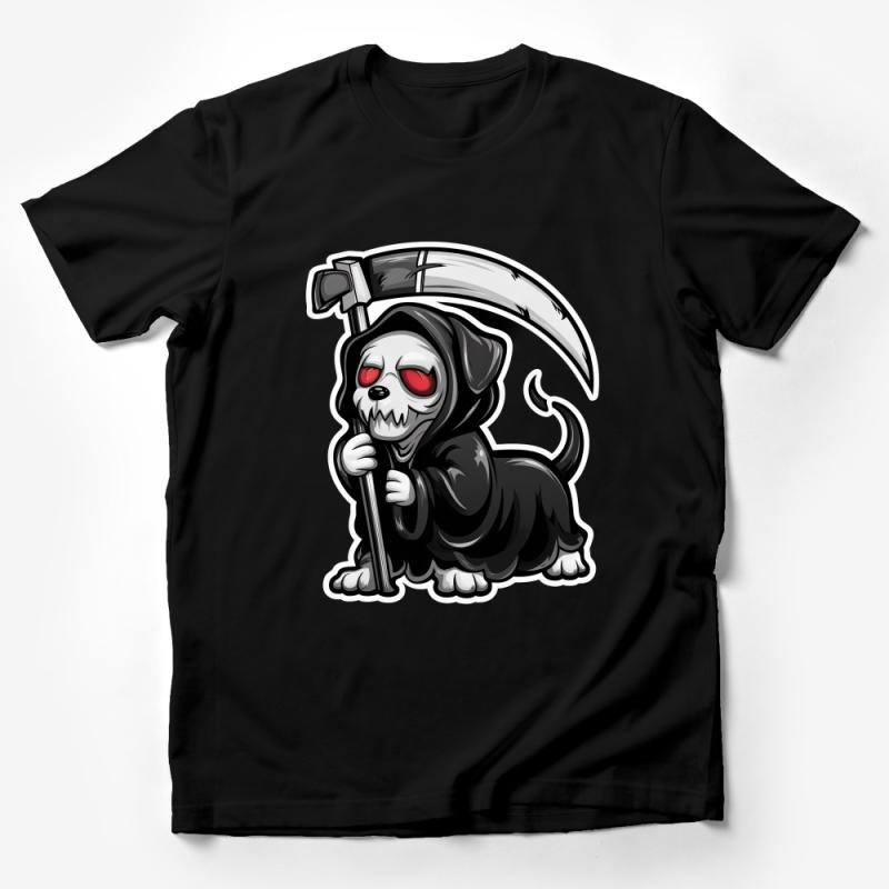 Grim Reaper Dog T-Shirt, Cute Cartoon Puppy with Scythe, Halloween Dog Lover Gift, Pet Reaper Graphic Tee, Spooky Animal Shirt Male T-Shirt