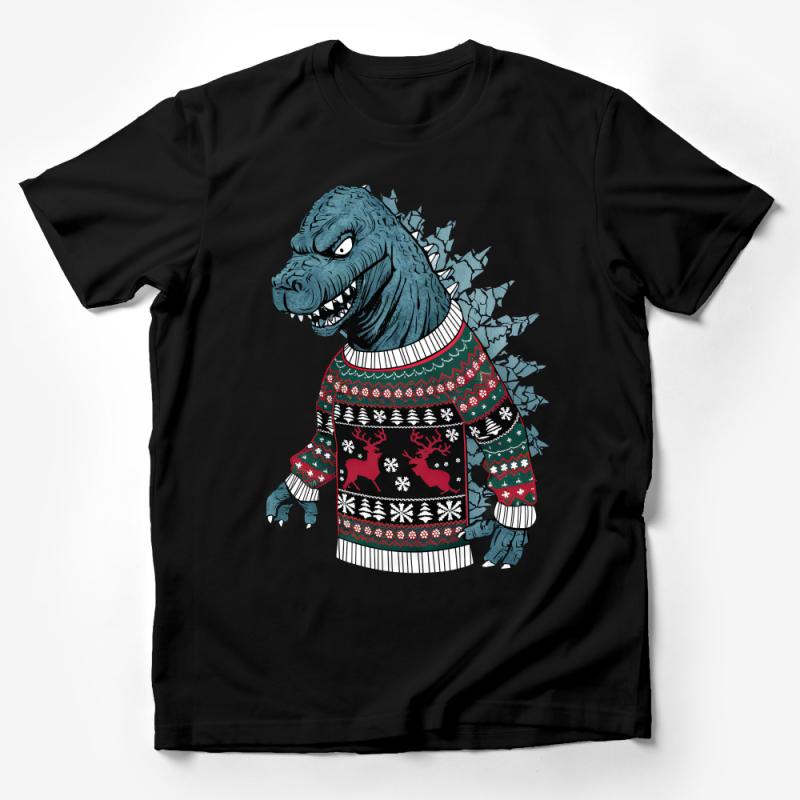 Ugly Christmas Sweater T-Shirt, Dinosaur Graphic Tee, Holiday Party Outfit, Unisex Winter Clothing, Festive Rex Shirt, Unique Gift Idea Male T-Shirt