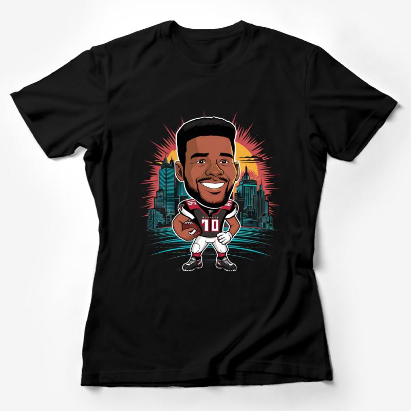 Cartoon Football Player T-Shirt, Urban Skyline Silhouette, Sports Fan Apparel, Unique Graphic Tee, Football Season Must-Have Female T-Shirt