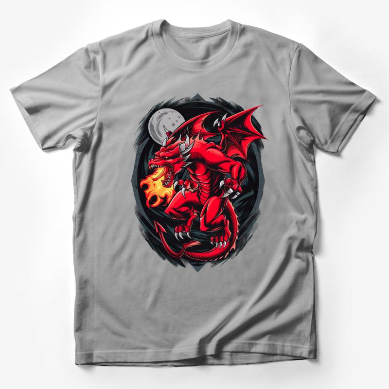 Men's Red Dragon Graphic Tee, Full Moon Fantasy Art T-Shirt, Unique Mythical Creature Design Shirt Male T-Shirt