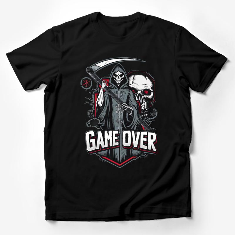 Men's Grim Reaper Game Over Graphic T-Shirt, Gamer Skull Tee, Death Design, Cool Urban Streetwear, Casual Adult Apparel Male T-Shirt