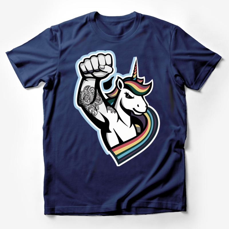 Strong Unicorn T-Shirt, Rainbow Mane Muscle Unicorn, Unique Fantasy Creature Tee, Powerful Mystical Animal Shirt Male T-Shirt