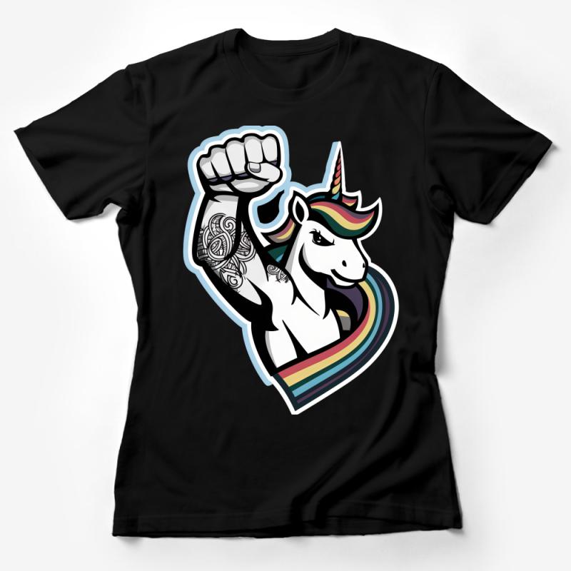 Strong Unicorn T-Shirt, Rainbow Mane Muscle Unicorn, Unique Fantasy Creature Tee, Powerful Mystical Animal Shirt Female T-Shirt