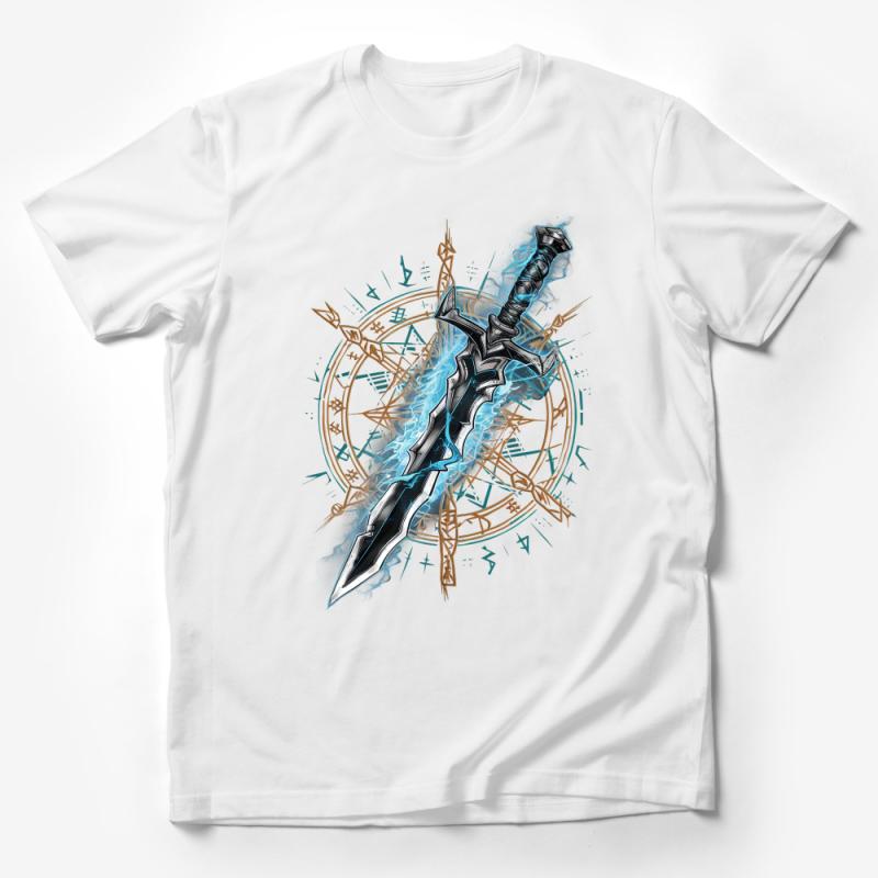 Fantasy Sword Graphic Tee, Electric Magic Rune Sword Art T-Shirt, Unique Mystic Warrior Apparel Male T-Shirt