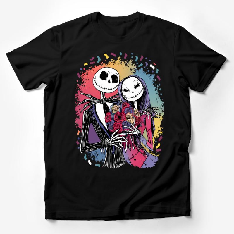 Gothic Cartoon Couple Tee, Romantic Skeleton Lovers T-Shirt, Unisex Adult Illustration Shirt Male T-Shirt