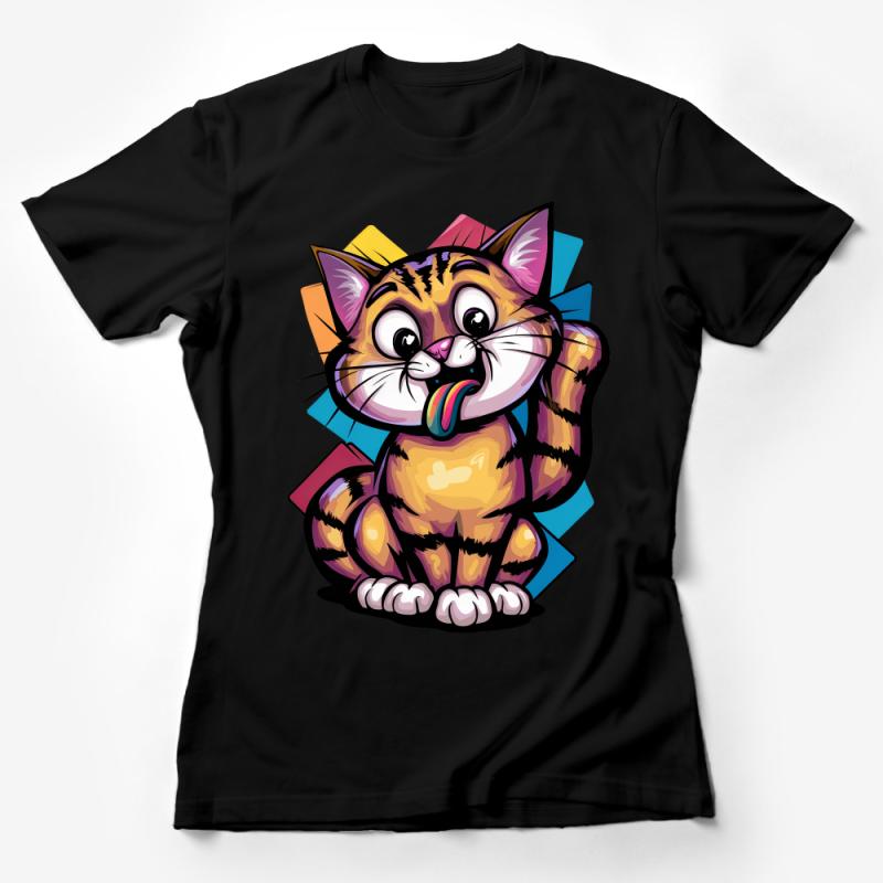 Colorful Cat T-Shirt, Rainbow Tongue Feline, Funky Kitty Graphic Tee, Unisex Cat Lover Gift Female T-Shirt