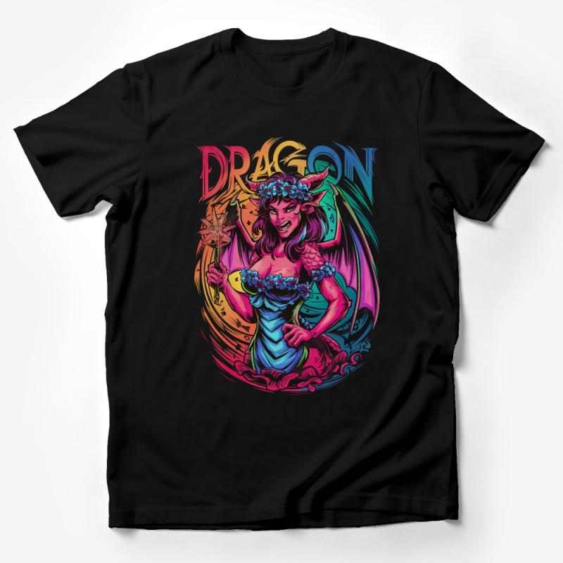 Fantasy Dragon Lady T-Shirt, Colorful Dragon Warrior Graphic Tee, Women's Artistic Dragon Shirt, Unique Mythical Creature Fashion Top Male T-Shirt