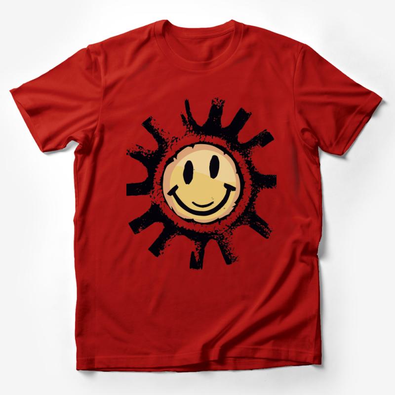 Grunge Style Happy Sun T-Shirt, Unisex Smiley Face Graphic Tee, Urban Streetwear Casual Shirt, Trendy Positive Vibes Top Male T-Shirt