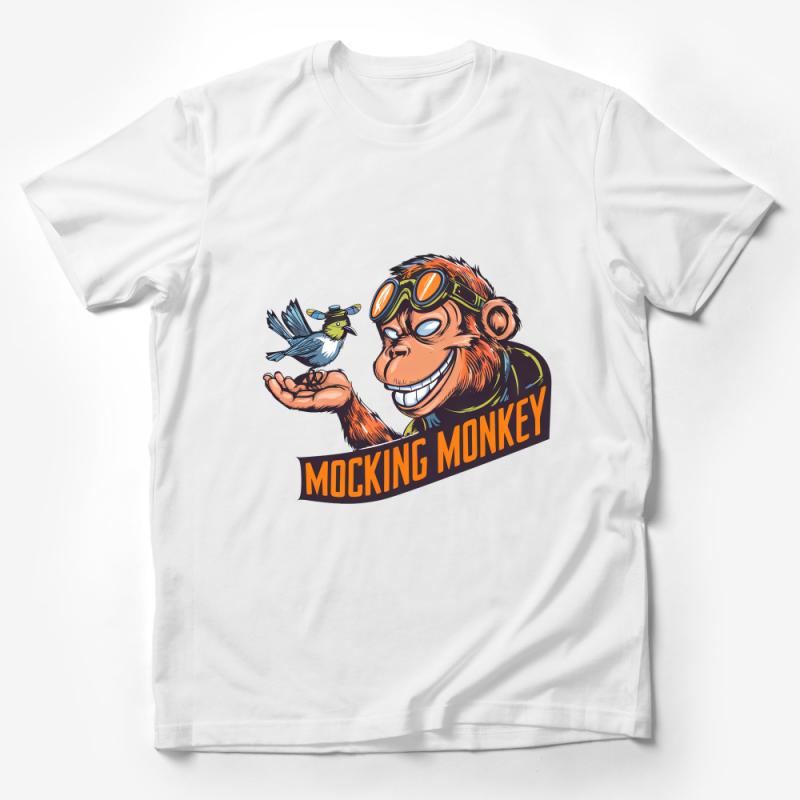 Vintage Style Mocking Monkey Graphic Tee, Pilot Monkey with Bird, Classic Illustration T-Shirt, Unisex Apparel Male T-Shirt