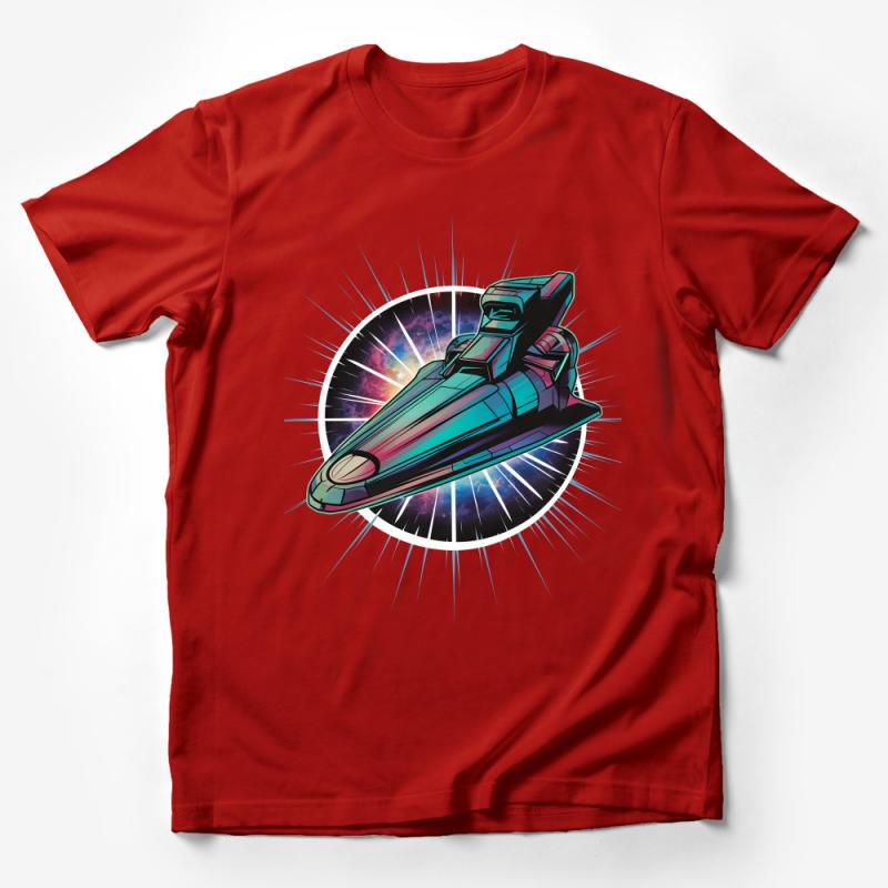 Galactic Starship Graphic T-Shirt, Colorful Spacecraft Design, Unisex Tee for Sci-Fi Fans, Comfortable Cotton Shirt Male T-Shirt