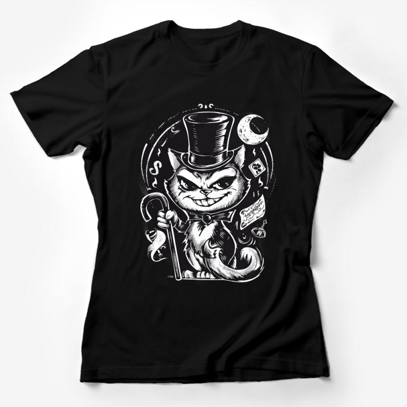 Whimsical Cat in Top Hat T-Shirt, Unique Hipster Cat Tee, Black and White Feline Illustration, Unisex Graphic Shirt Female T-Shirt