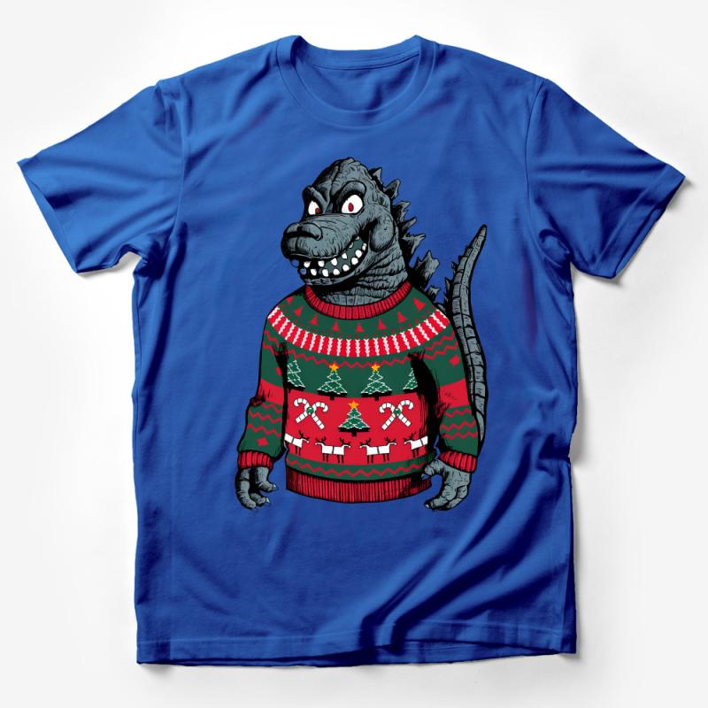 Ugly Christmas Sweater T-Shirt, Dinosaur Holiday Graphic Tee, Funny Dino Xmas Party Shirt, Unisex Festive Apparel Male T-Shirt