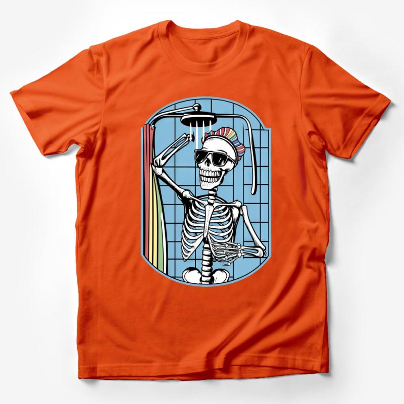 Funky Skeleton Shower Graphic T-Shirt, Cool Skeleton Rainbow Beanie Design Tee, Hipster Skeleton Illustration Male T-Shirt