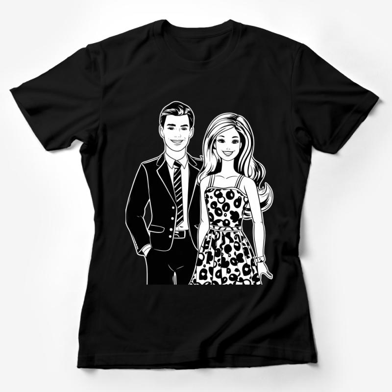 Stylish Couple Graphic Tee, Black and White Fashion Illustration T-Shirt, Trendy Line Art Top for Men and Women Female T-Shirt