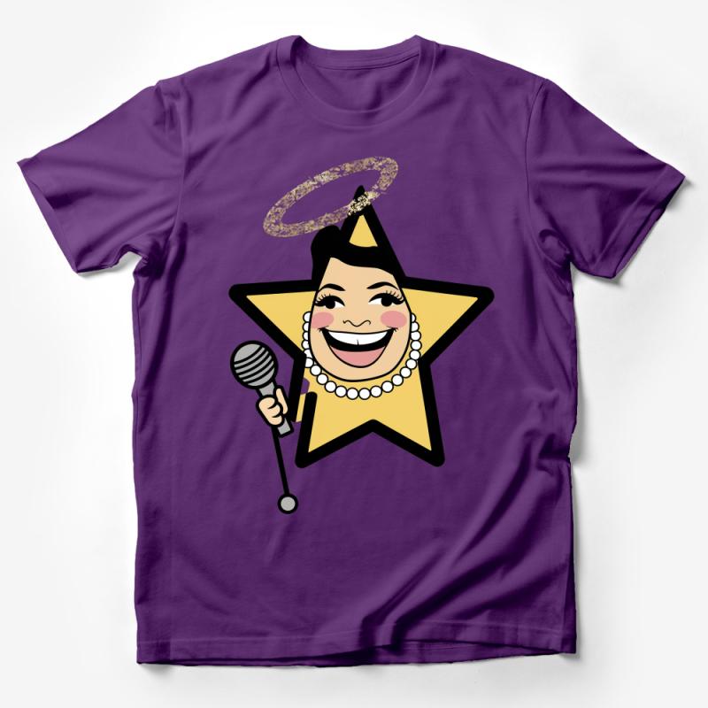 Smiling Star Cartoon Singer Graphic T-Shirt, Cute Star with Microphone Tee, Fun Casual Wear, Unisex Shirt for All Ages Male T-Shirt