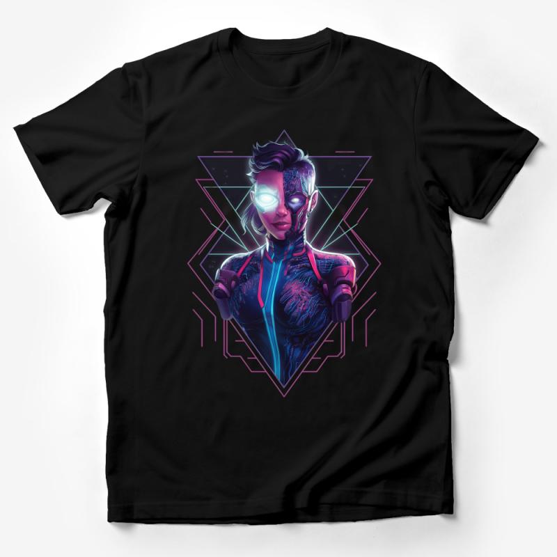 Futuristic Cyborg Woman T-Shirt, Sci-Fi Inspired, Glowing Neon Graphic Tee, Geek Culture Fashion, Unique Cybernetic Illustration Male T-Shirt