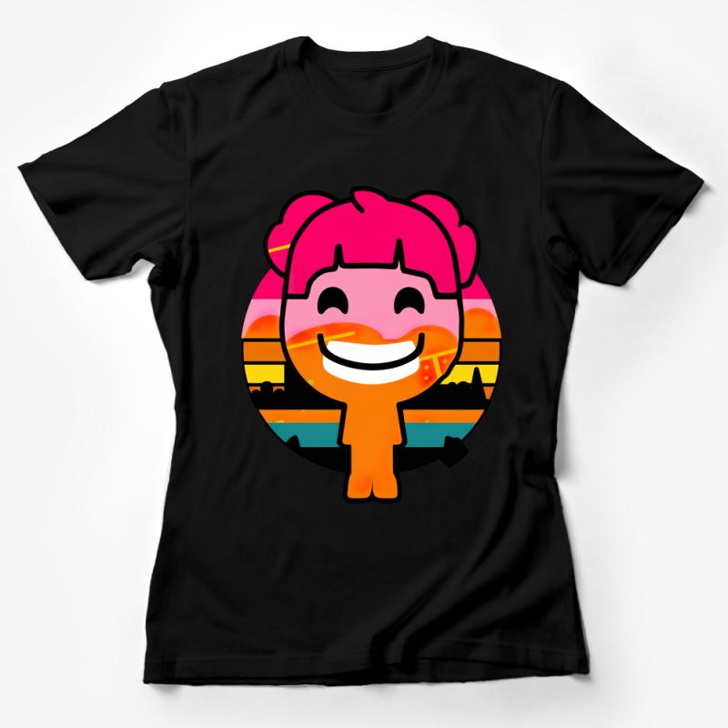 Cute Cartoon Character T-Shirt, Sunset Graphic Tee, Unisex Fashion, Casual Wear, Vibrant Top for All Ages Female T-Shirt