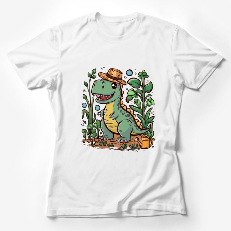 Cute Dinosaur Graphic T-Shirt, Gardening T-Rex with Hat, Unisex Tee, Gift for Plant Lovers, Casual Summer Clothing, Unique Dino Design Female T-Shirt