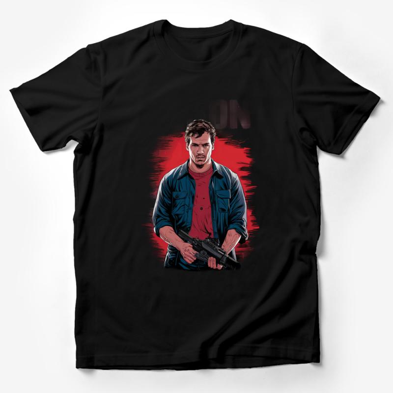 Action Hero Graphic Tee, Vintage Comic Style T-Shirt, Retro Superhero Shirt, Fashion Illustration Men's Wear Male T-Shirt