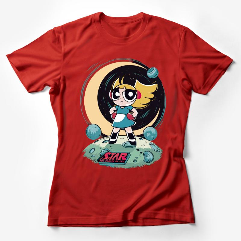 Cartoon Heroine Graphic T-Shirt, Cool Space Adventure Tee, Vibrant Casual Unisex Top, Fun Outer Space Apparel for All Ages Female T-Shirt