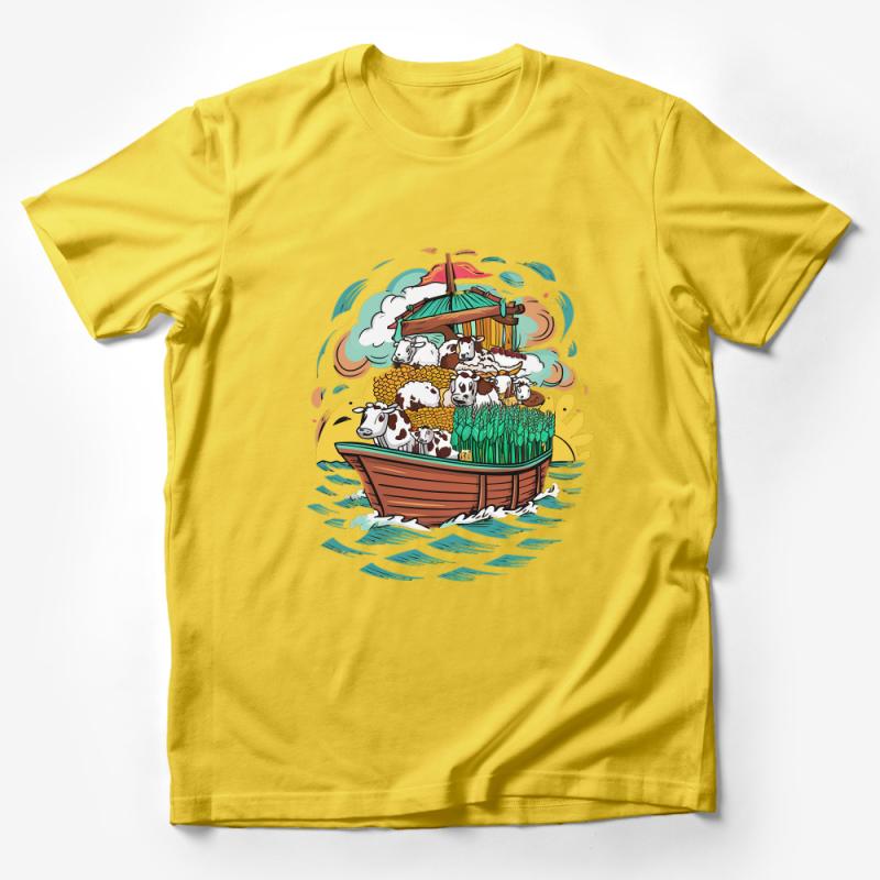 Whimsical Animal Ark T-Shirt, Cute Cartoon Animals on Boat, Unisex Graphic Tee, Kid's Zoo Adventure Shirt, Playful Casual Wear Top Male T-Shirt