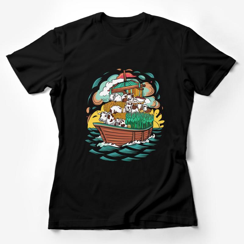 Whimsical Animal Ark T-Shirt, Cute Cartoon Animals on Boat, Unisex Graphic Tee, Kid's Zoo Adventure Shirt, Playful Casual Wear Top Female T-Shirt