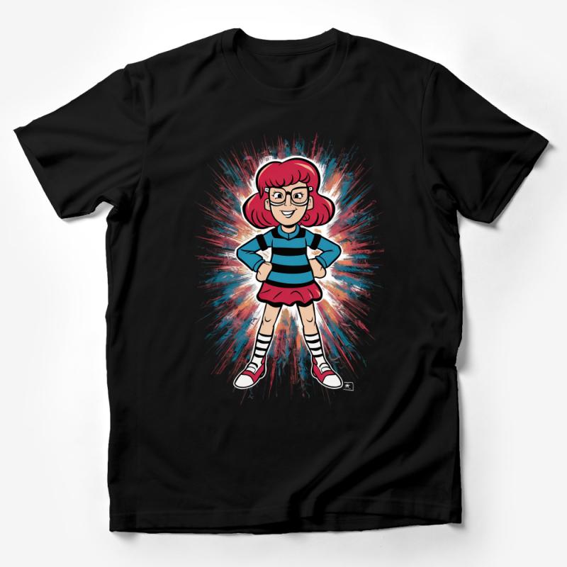 Vibrant Red-Haired Cartoon Girl T-Shirt, Colorful Explosion Art, Trendy Striped Top, Casual Streetwear, Unique Graphic Tee for All Ages Male T-Shirt