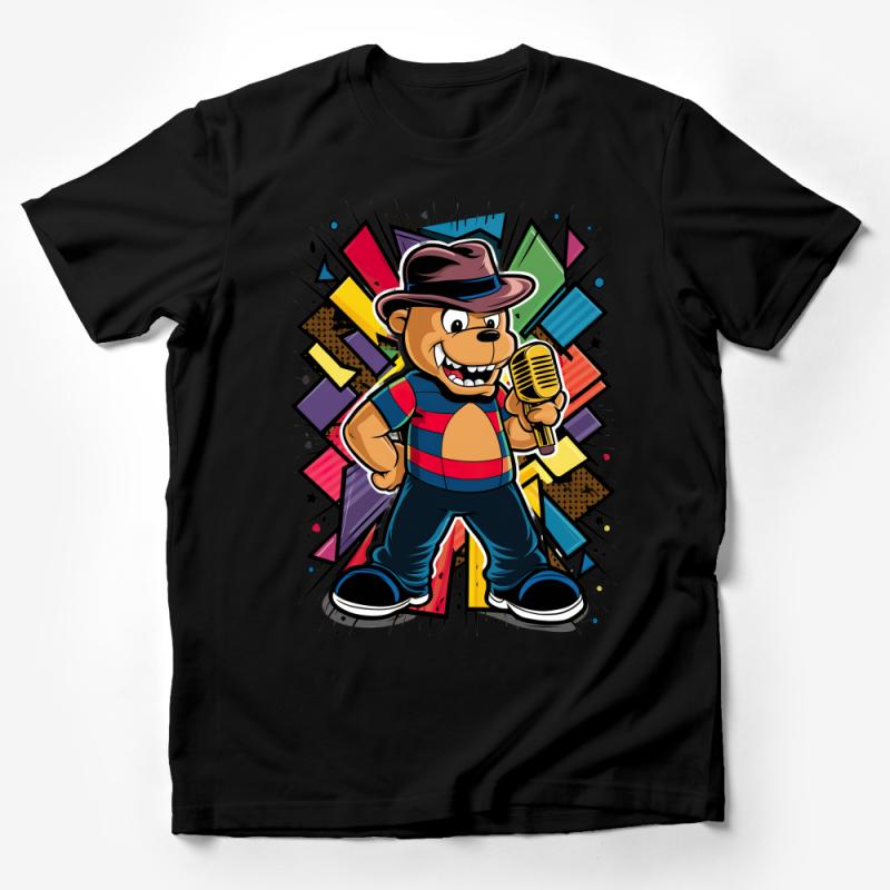 Cartoon Bear T-Shirt, Colorful Funky Animal with Microphone, Hip Hop Streetwear, Vibrant Graphic Tee for All Ages Male T-Shirt