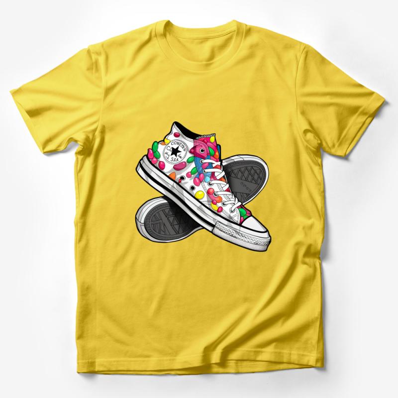 Colorful Candy Sneaker T-Shirt, Unisex Novelty Graphic Tee, Fun Casual Streetwear, Unique Gift for Sneaker Lovers Male T-Shirt