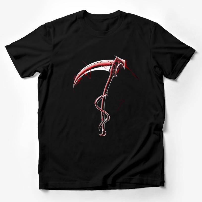 Abstract Red Scythe Design Tee, Artistic Grim Reaper T-Shirt, Unique Graphic Goth Fashion, Unisex Comfort Fit Apparel Male T-Shirt