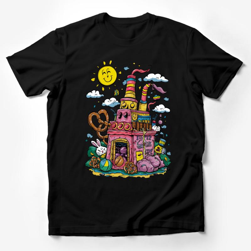 Vibrant Cartoon Factory T-Shirt, Colorful Whimsical Art Tee, Sunny Playful Graphic Shirt, Unique Illustration Apparel, Unisex Cotton Top Male T-Shirt