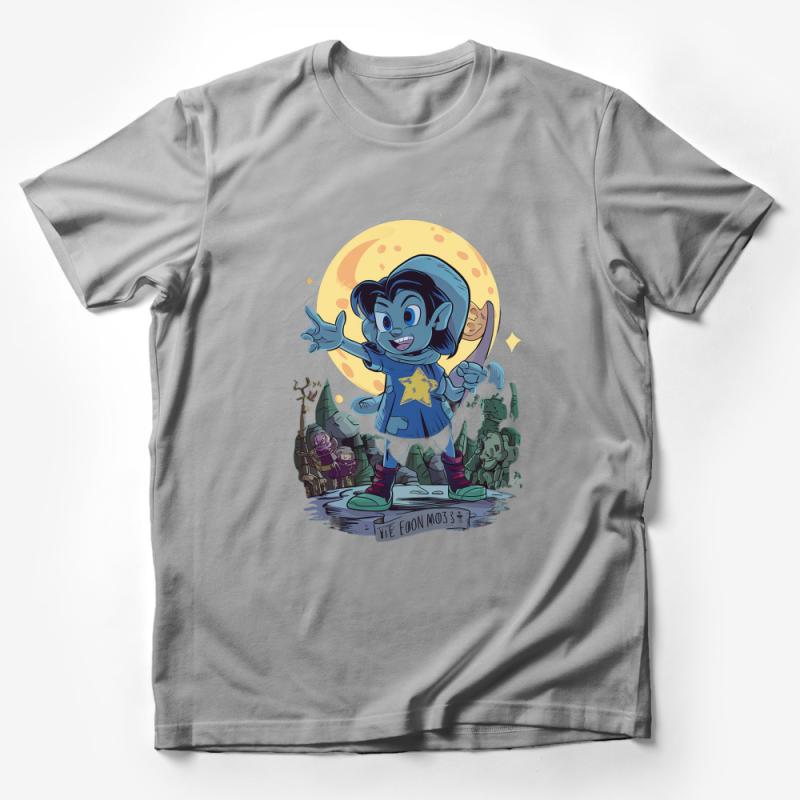 Fantasy Cartoon Wizard T-Shirt, Moonlit Sorcery Graphic Tee, Magical Character Apparel, Unique Gift Male T-Shirt