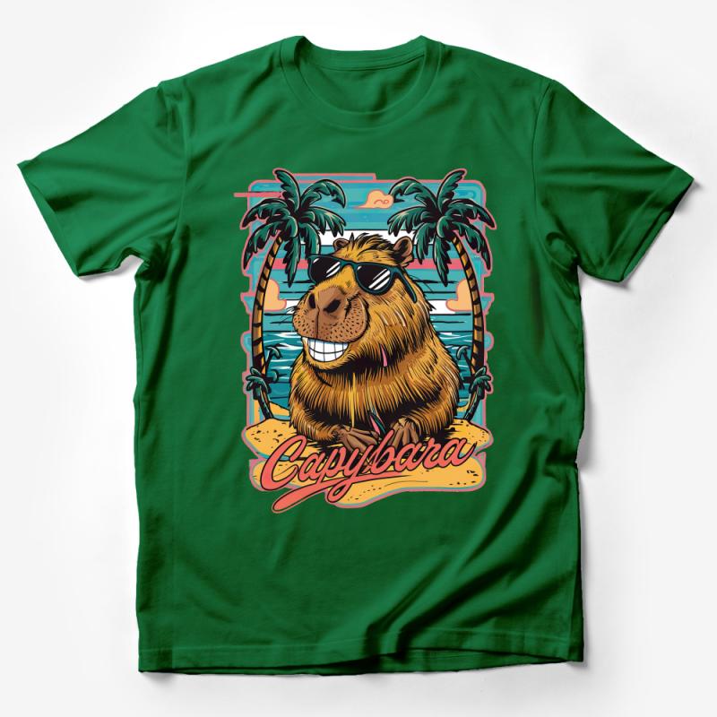 Tropical Capybara Beach Vibes T-Shirt, Funny Summer Animal Shirt, Cool Sunglasses Graphic Tee, Palm Trees Vacation Apparel Male T-Shirt