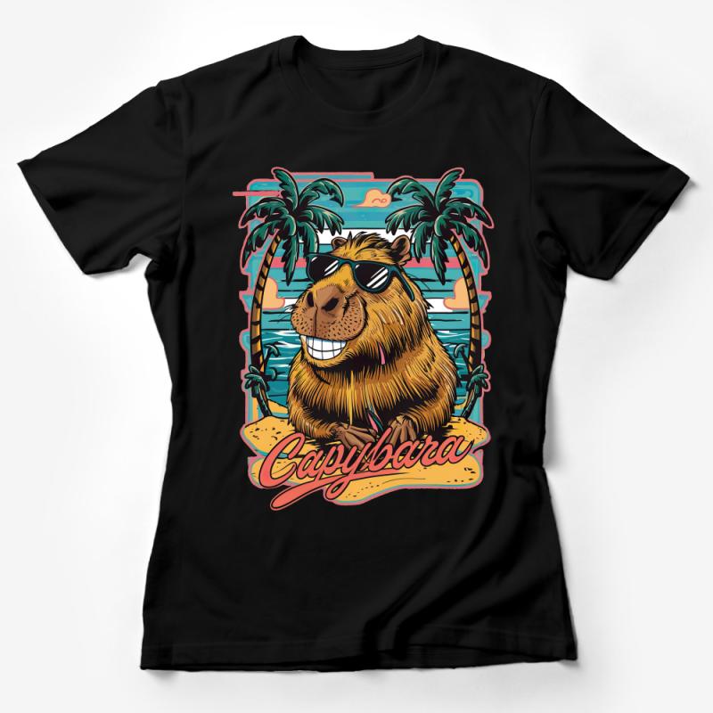 Tropical Capybara Beach Vibes T-Shirt, Funny Summer Animal Shirt, Cool Sunglasses Graphic Tee, Palm Trees Vacation Apparel Female T-Shirt