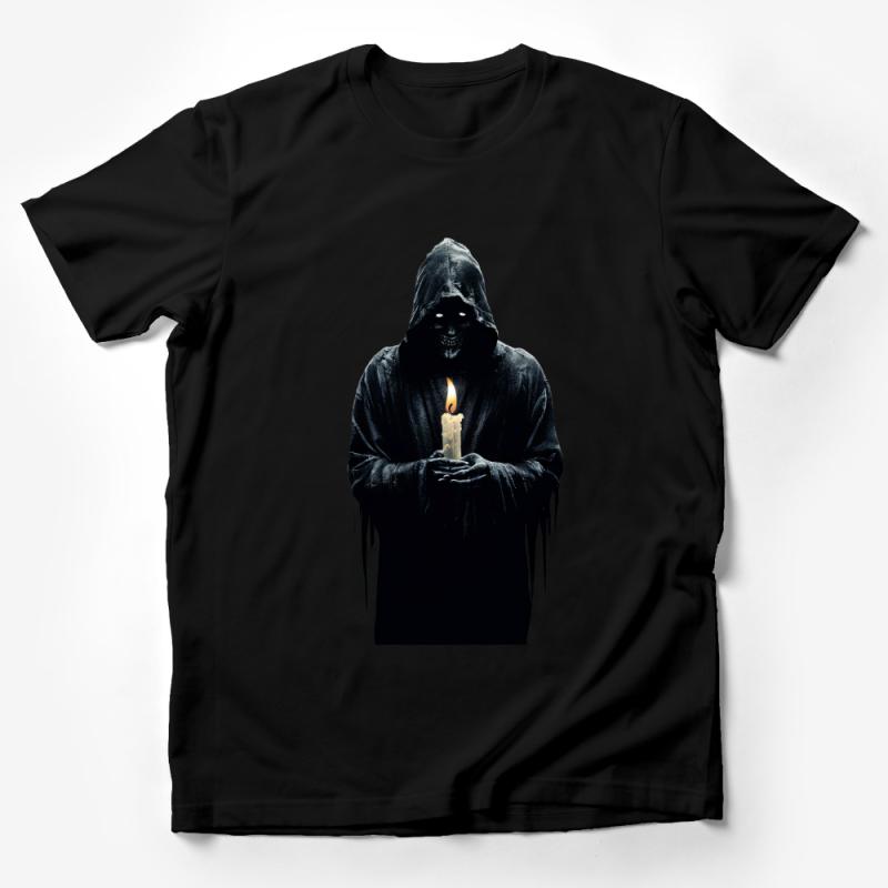 Gothic Candle Holder Monk T-Shirt, Unisex Mystical Dark Art Tee, Creepy Hooded Figure Apparel, Occult Fashion, Unique Horror Clothing Male T-Shirt