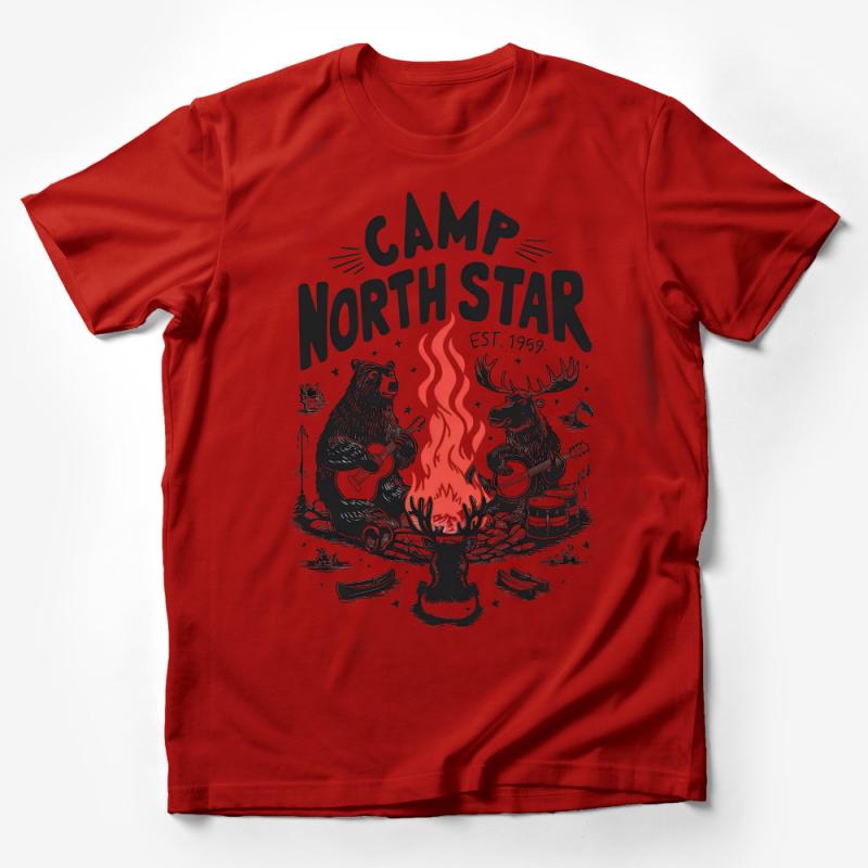 Camp North Star Retro T-Shirt, Vintage Camping Graphic Tee, Outdoor Adventure Shirt, Bear and Moose Campfire Top, Unisex Gift Male T-Shirt