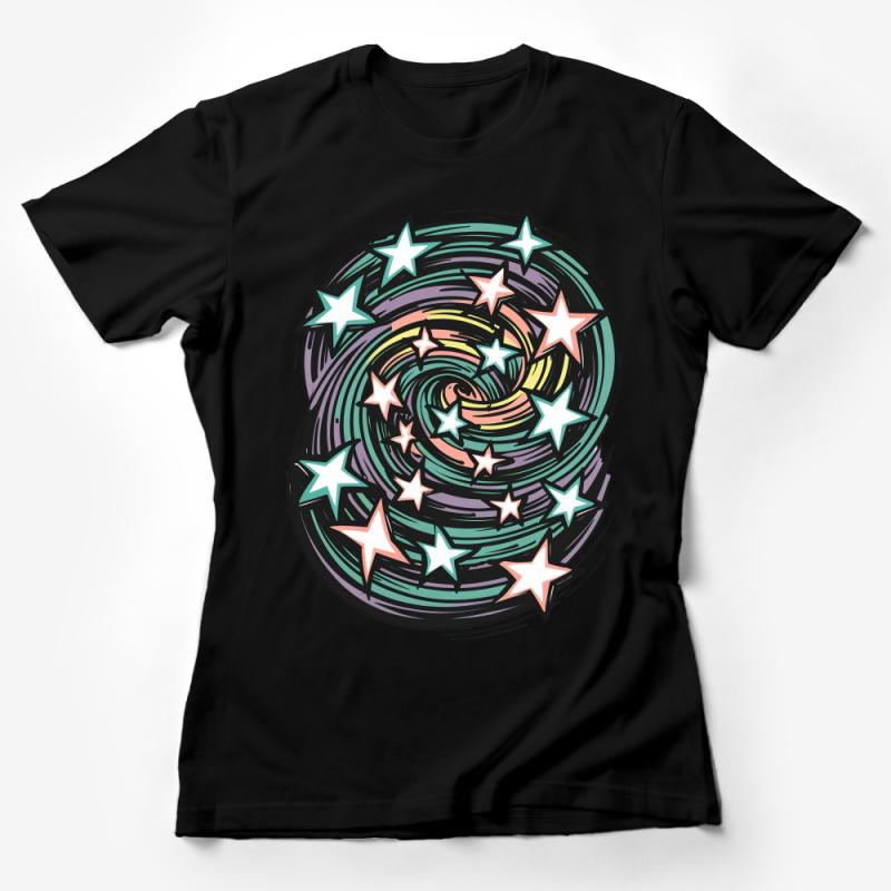 Abstract Swirl Pattern Tee with Colorful Stars, Unisex Graphic T-Shirt, Casual Streetwear, Trendy Artist-Designed Top Female T-Shirt