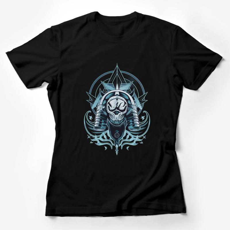 Samurai Helmet Graphic Tee, Japanese Warrior Art T-Shirt, Cool Blue Urban Streetwear, Unisex Fashion Top Female T-Shirt