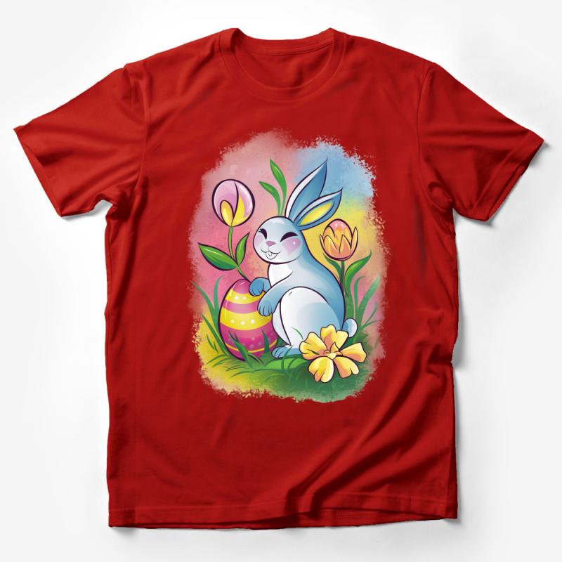 Colorful Easter Bunny T-Shirt, Cute Rabbit with Egg and Flowers Tee, Spring Holiday Apparel, Unisex Graphic Shirt Male T-Shirt