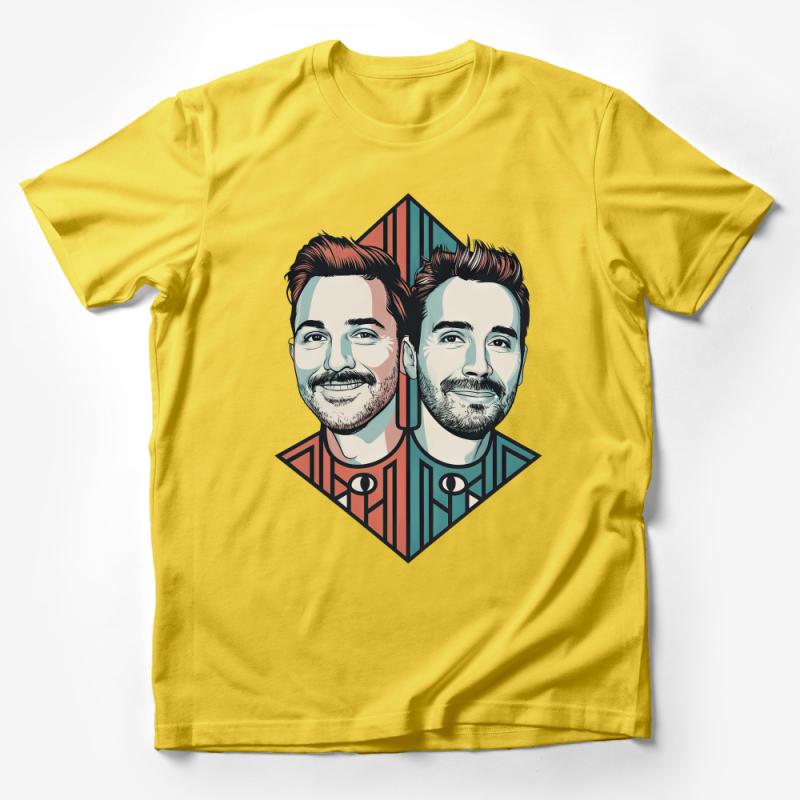 Unique Graphic Twin Faces T-Shirt, Artistic Double Portrait Tee, Colorful Urban Style Shirt, Unisex Modern Apparel Male T-Shirt