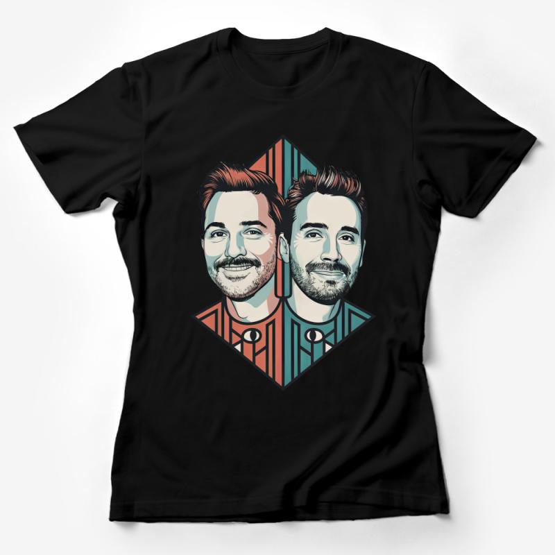 Unique Graphic Twin Faces T-Shirt, Artistic Double Portrait Tee, Colorful Urban Style Shirt, Unisex Modern Apparel Female T-Shirt